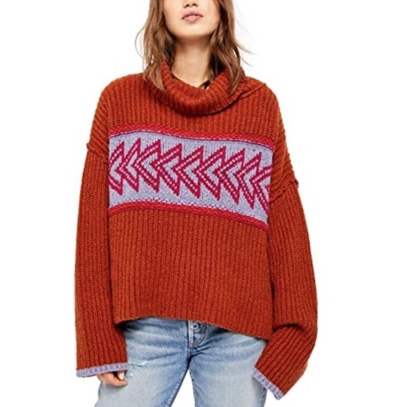 Free People Rust Orange Pele Combo Pullover Cowl Neck Greater Than Sweater M - Picture 2 of 14